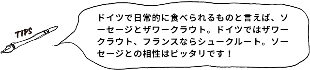 TIPS ドイツで日常的に食べられるものと言えば、ソーセージとザワークラウト。ドイツではザワークラウト、フランスならシュークルート。ソーセージとの相性はピッタリです！