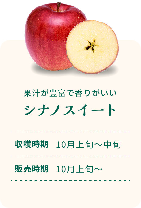 果汁が豊富で香りがいい シナノスイート 収穫時期10月上旬～中旬 販売時期10月上旬～