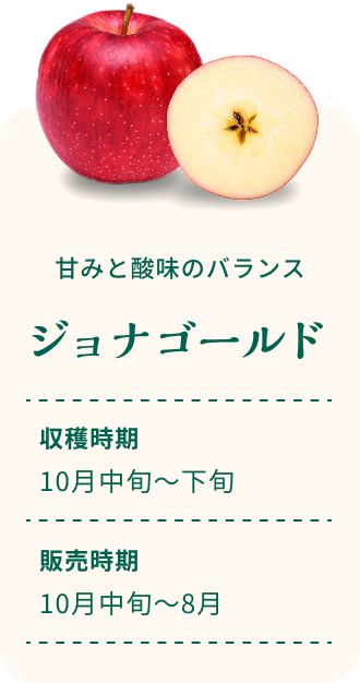 甘みと酸味のバランス ジョナゴールド 収穫時期10月中旬～下旬 販売時期10月中旬～8月