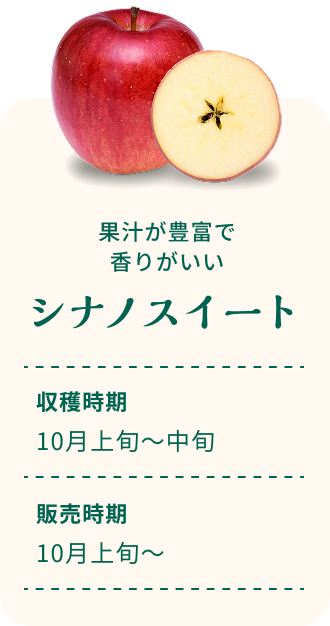 果汁が豊富で香りがいい シナノスイート 収穫時期10月上旬～中旬 販売時期10月上旬～